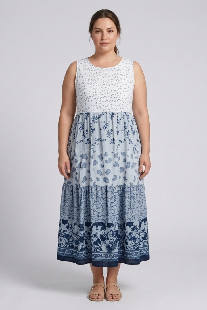 Langes Damenkleid mit Blumenmuster – Weite, ärmellose Passform