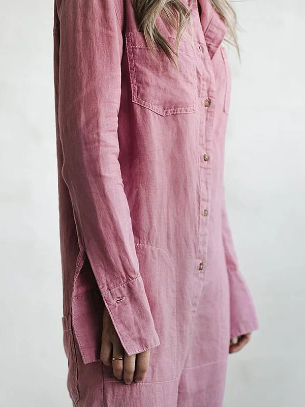 Dame Jumpsuit med Lange Ærmer – Knappet, Afslappet Pasform