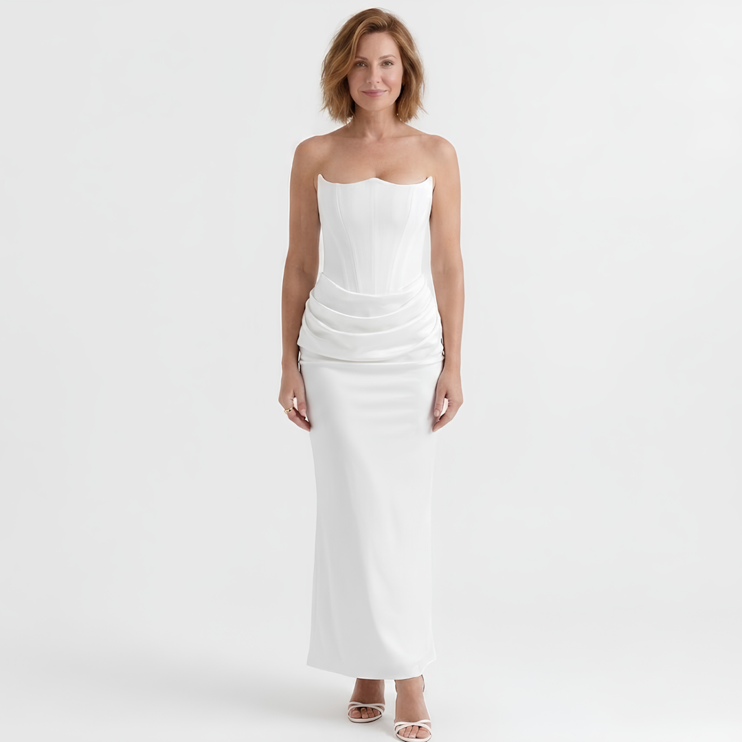 Langes Damenkleid mit eng anliegendem Bustier – Strukturierte Rüschen
