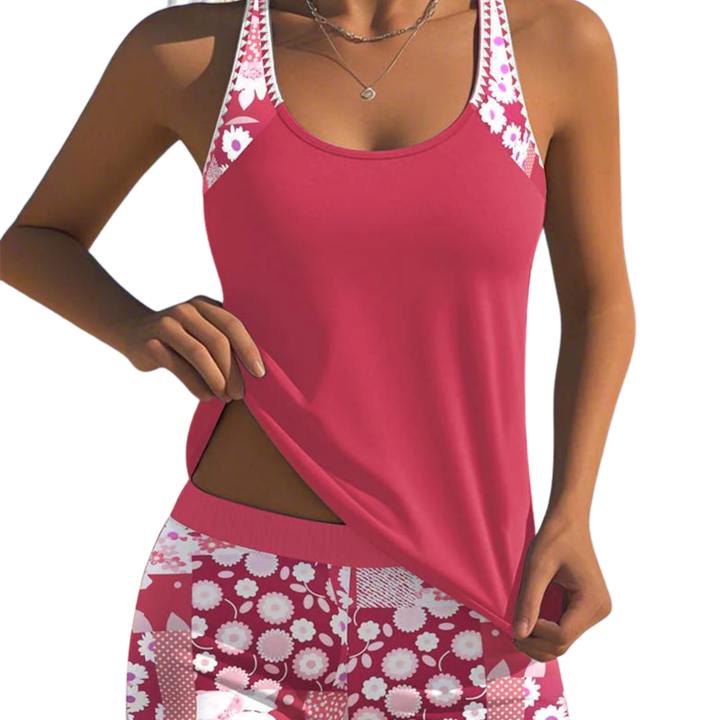 Tankini donna floreale – top collo tondo e pantaloncini da bagno a vita alta