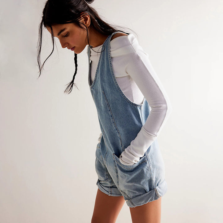 Damen-Jeans-Shorts-Overall – Oversize-Schnitt, ärmellos mit Taschen
