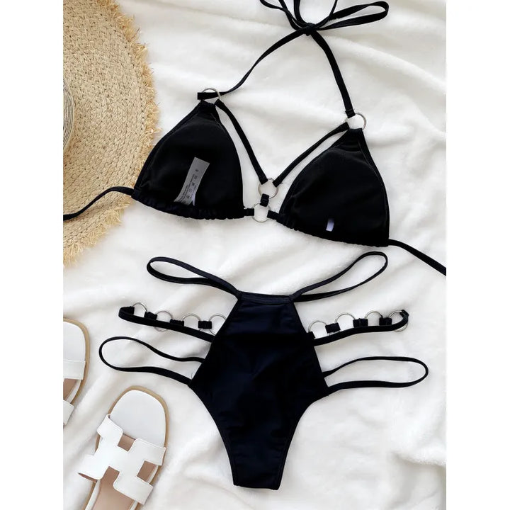 Zweiteiliger Damenbikini mit Trägern – Mesh-Ausschnitte und Metallring