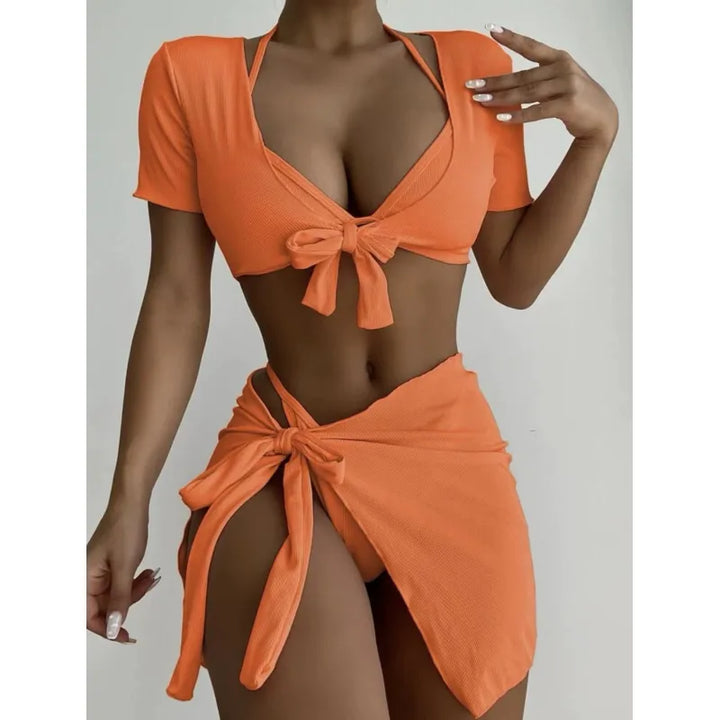 Damen Zweiteiler aus Rippstoff – Gebundenes Crop-Top & Wickelrock im Resort-Stil