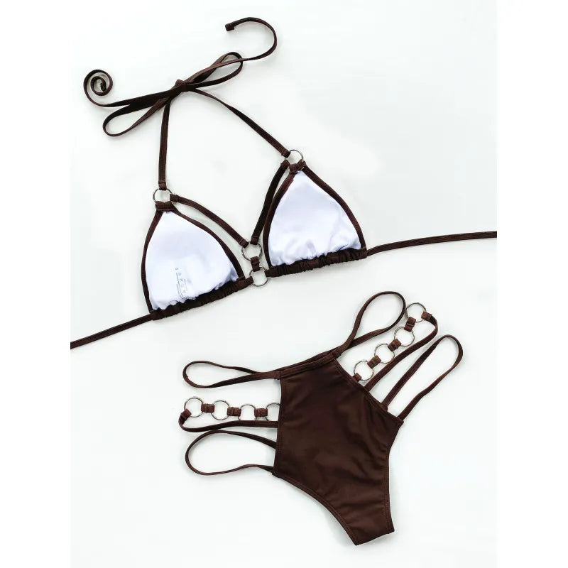 Zweiteiliger Damenbikini mit Trägern – Mesh-Ausschnitte und Metallring