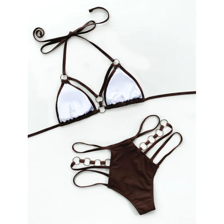 Zweiteiliger Damenbikini mit Trägern – Mesh-Ausschnitte und Metallring