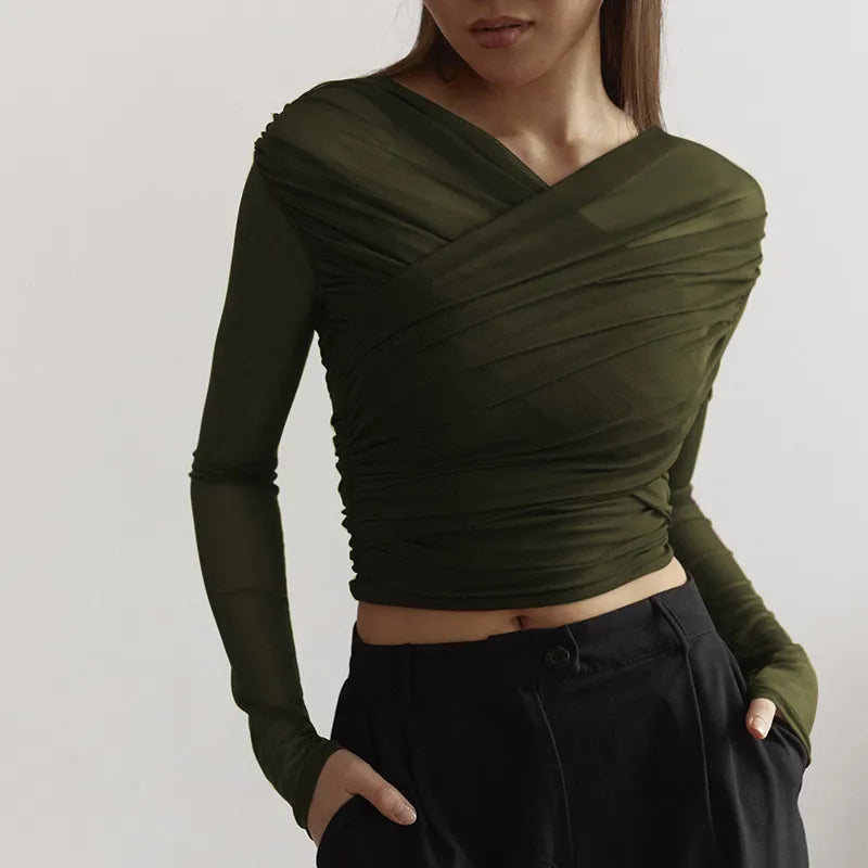 Top plisado de manga larga para mujer – Corte entallado elegante