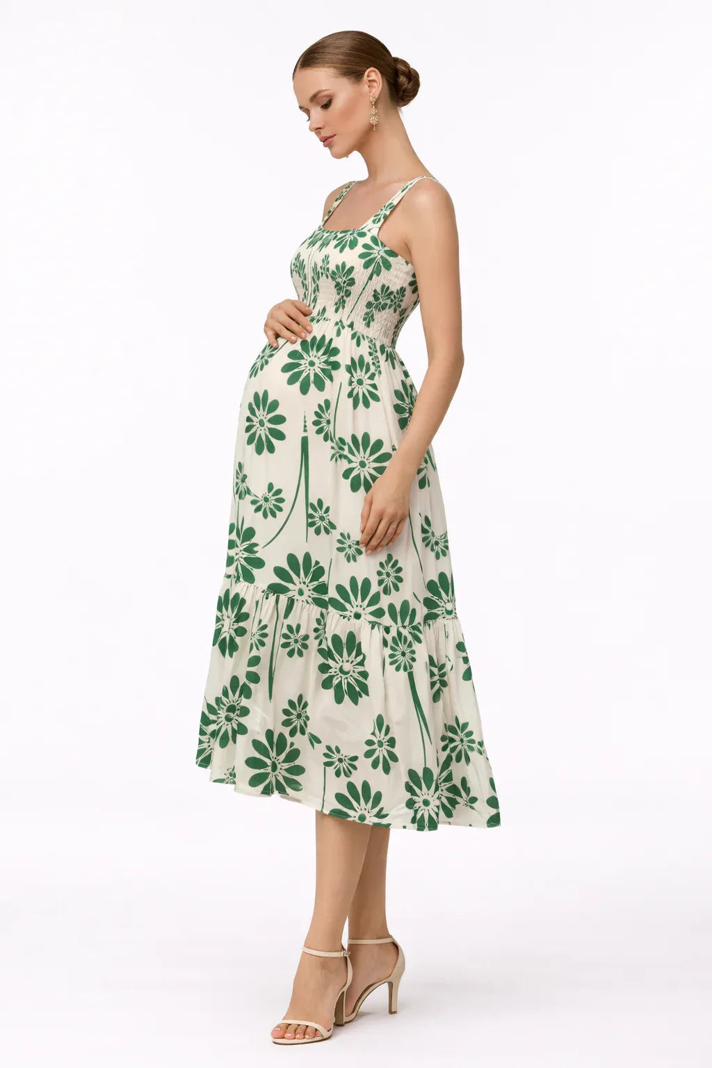 Midikleid für Damen mit Blumenmuster – Oberteil mit Smok-Effekt und gestufter Rock