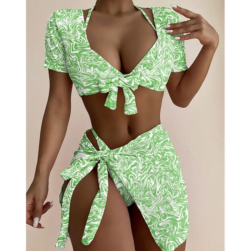 Damen Zweiteiler aus Rippstoff – Gebundenes Crop-Top & Wickelrock im Resort-Stil