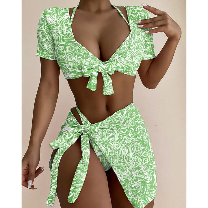 Damen Zweiteiler aus Rippstoff – Gebundenes Crop-Top & Wickelrock im Resort-Stil