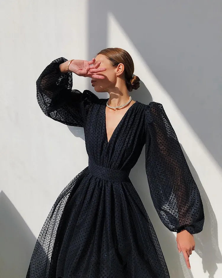 Vestito Donna Portafoglio Midi a Pois – Maniche a Sbuffo e Scollo a V