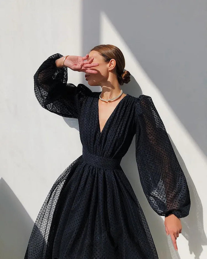 Vestito Donna Portafoglio Midi a Pois – Maniche a Sbuffo e Scollo a V