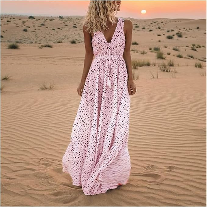 Abito maxi boho donna a pois – collo a V senza maniche