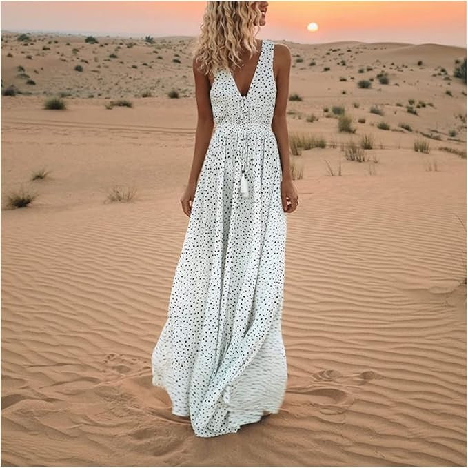 Abito maxi boho donna a pois – collo a V senza maniche