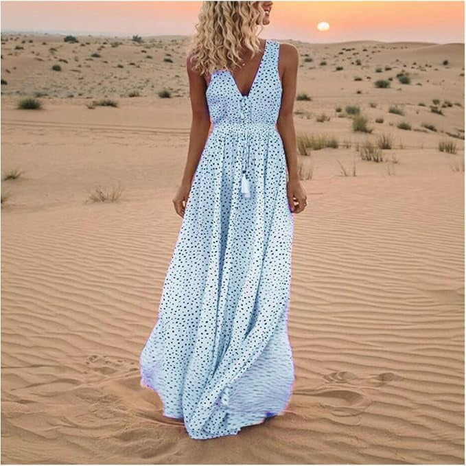 Abito maxi boho donna a pois – collo a V senza maniche