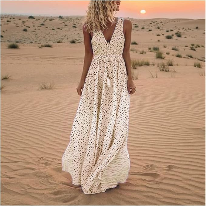 Abito maxi boho donna a pois – collo a V senza maniche
