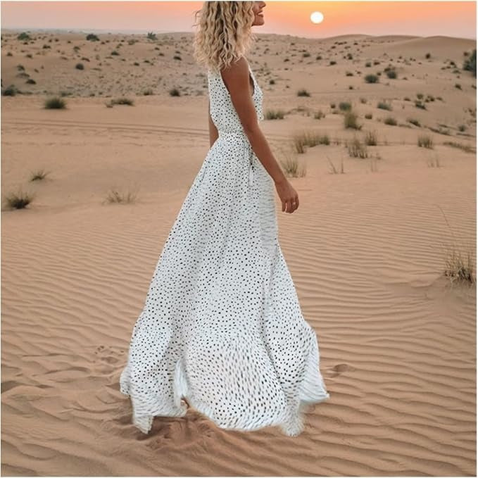Abito maxi boho donna a pois – collo a V senza maniche