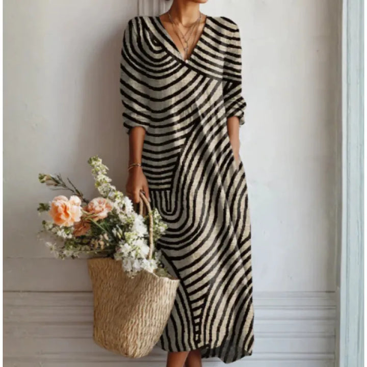Damen-Leinenkleid mit langen Ärmeln – Lässiger Midischnitt