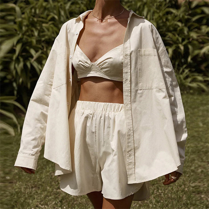 Completo Tre Pezzi Donna – Camicia Oversize, Bralette e Shorts a Vita Alta