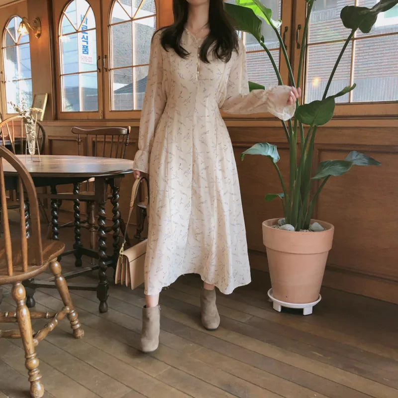 Robe Femme Longue Manches Longues à Fleurs – Col Officier et Boutonnage