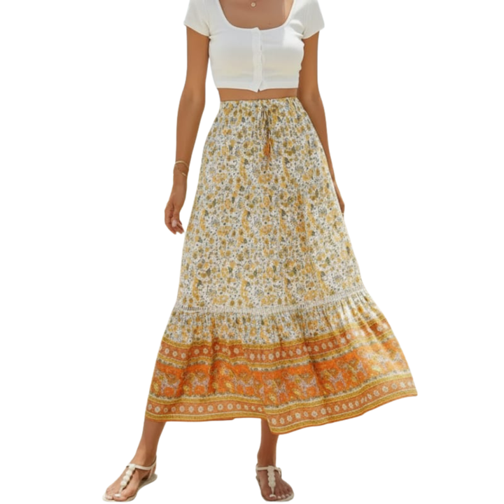 Maxi-Rock für Damen mit Blumenmuster aus Rayon-Mischung – Hohe Taille mit Kordelzug