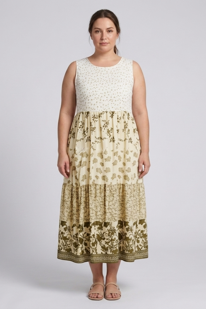 Langes Damenkleid mit Blumenmuster – Weite, ärmellose Passform
