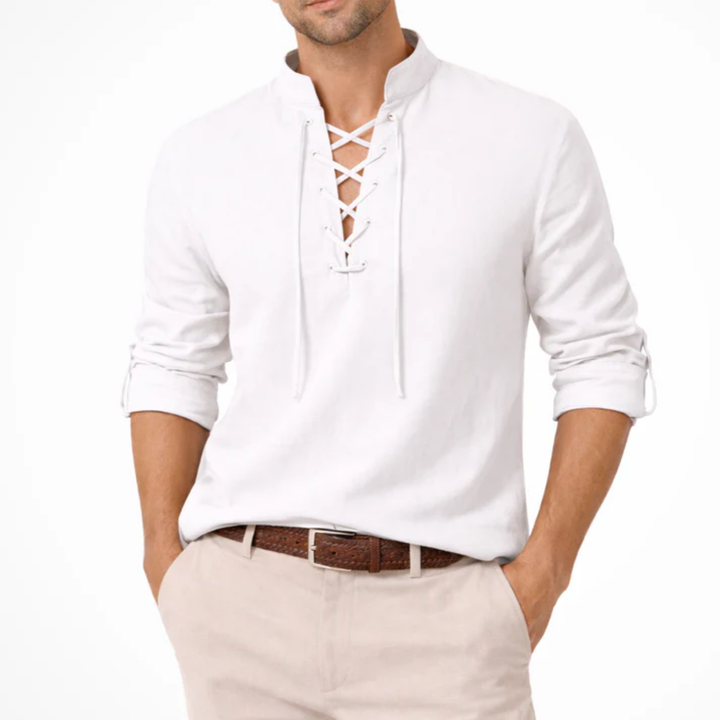 Camicia Uomo Maniche Lunghe – Collo alla Coreana con Lacci Cotone Traspirante