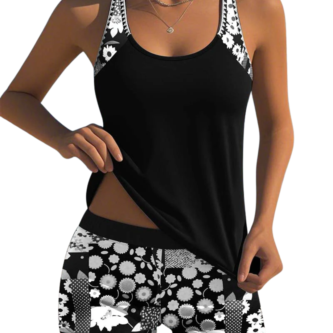 Tankini donna floreale – top collo tondo e pantaloncini da bagno a vita alta