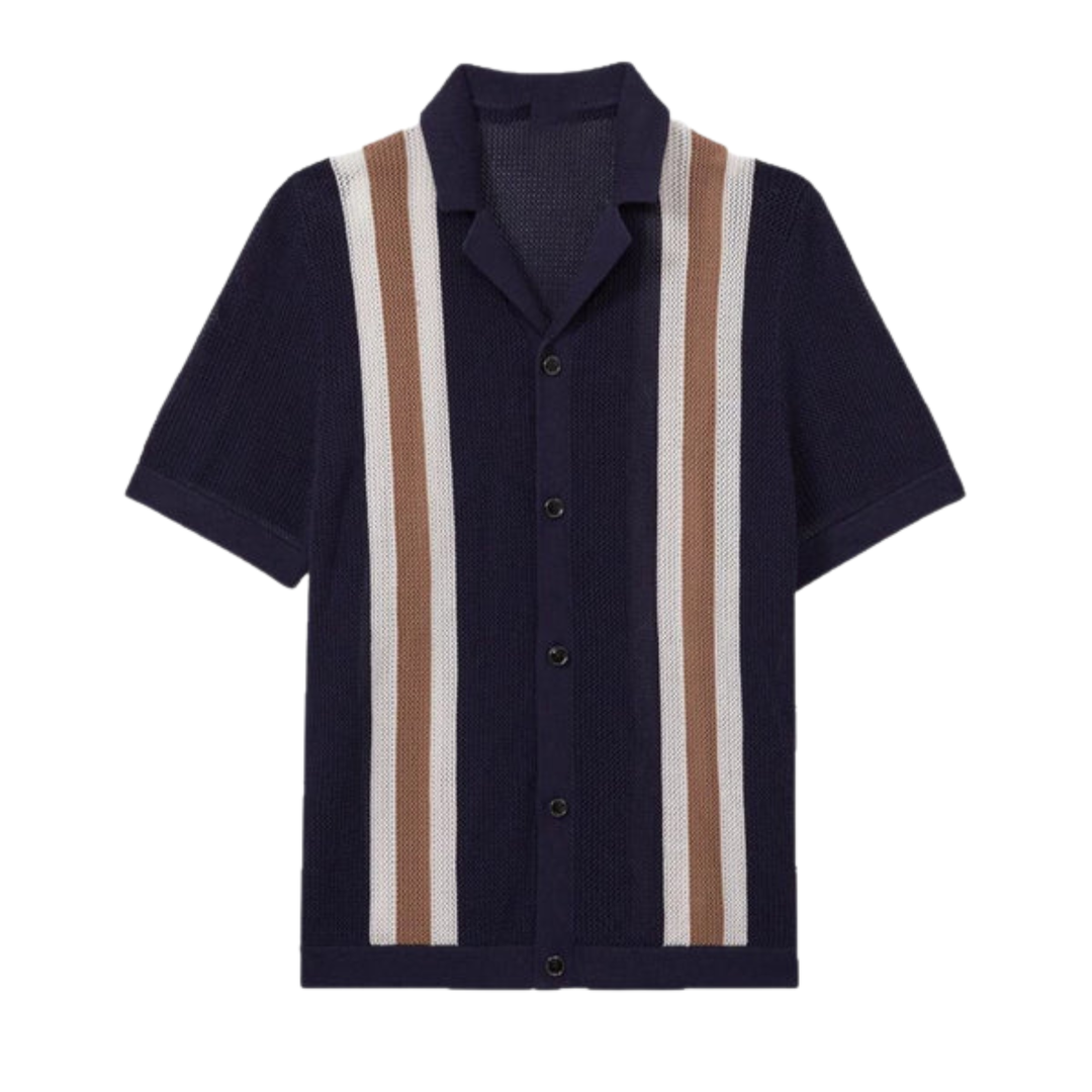 Polo Homme en Maille Ajourée – Rayures Verticales Style Vintage