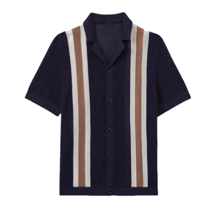 Polo Homme en Maille Ajourée – Rayures Verticales Style Vintage