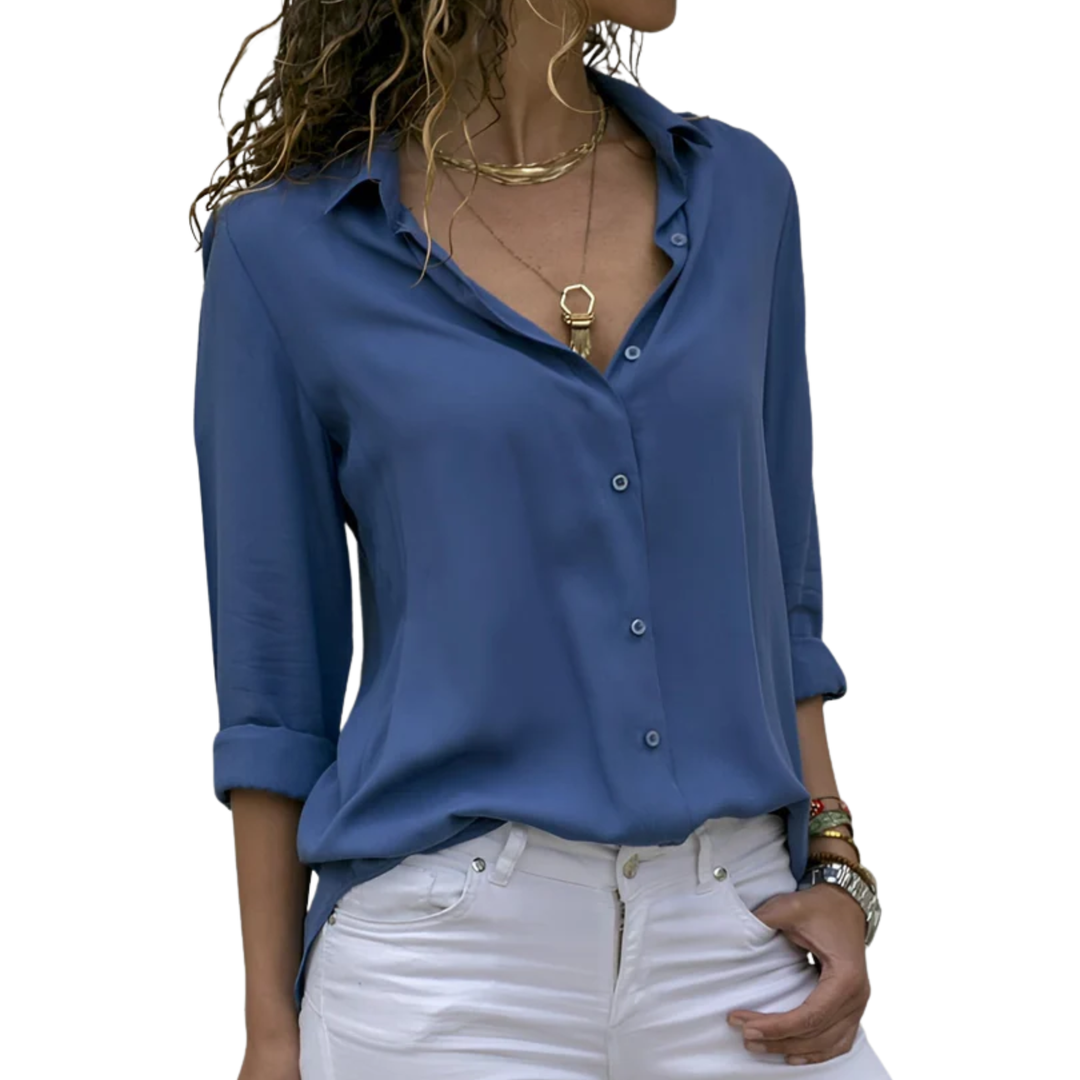 Women's Flowing Shirt – Elegant V-Neck and Long Buttoned Sleeves