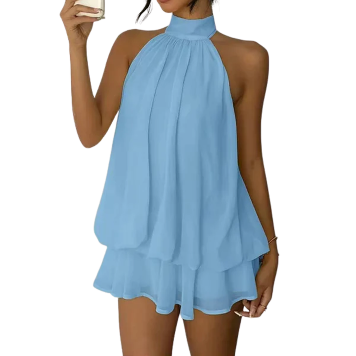 Robe Mini Femme à Volants Étagés – Dos Nu Halter Trapèze