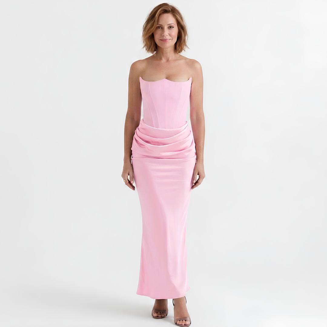 Langes Damenkleid mit eng anliegendem Bustier – Strukturierte Rüschen