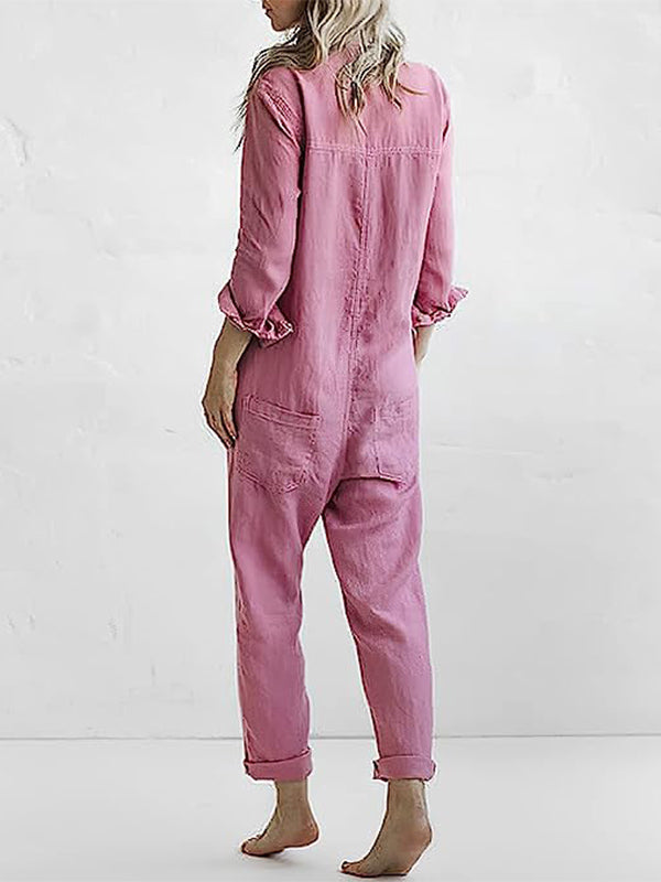 Dame Jumpsuit med Lange Ærmer – Knappet, Afslappet Pasform