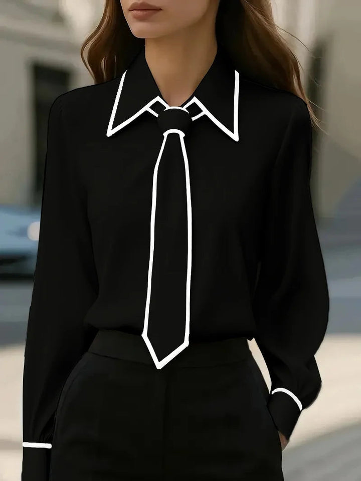 Women's Blouse with Tied Collar – Contrasting Edges Long Sleeves
