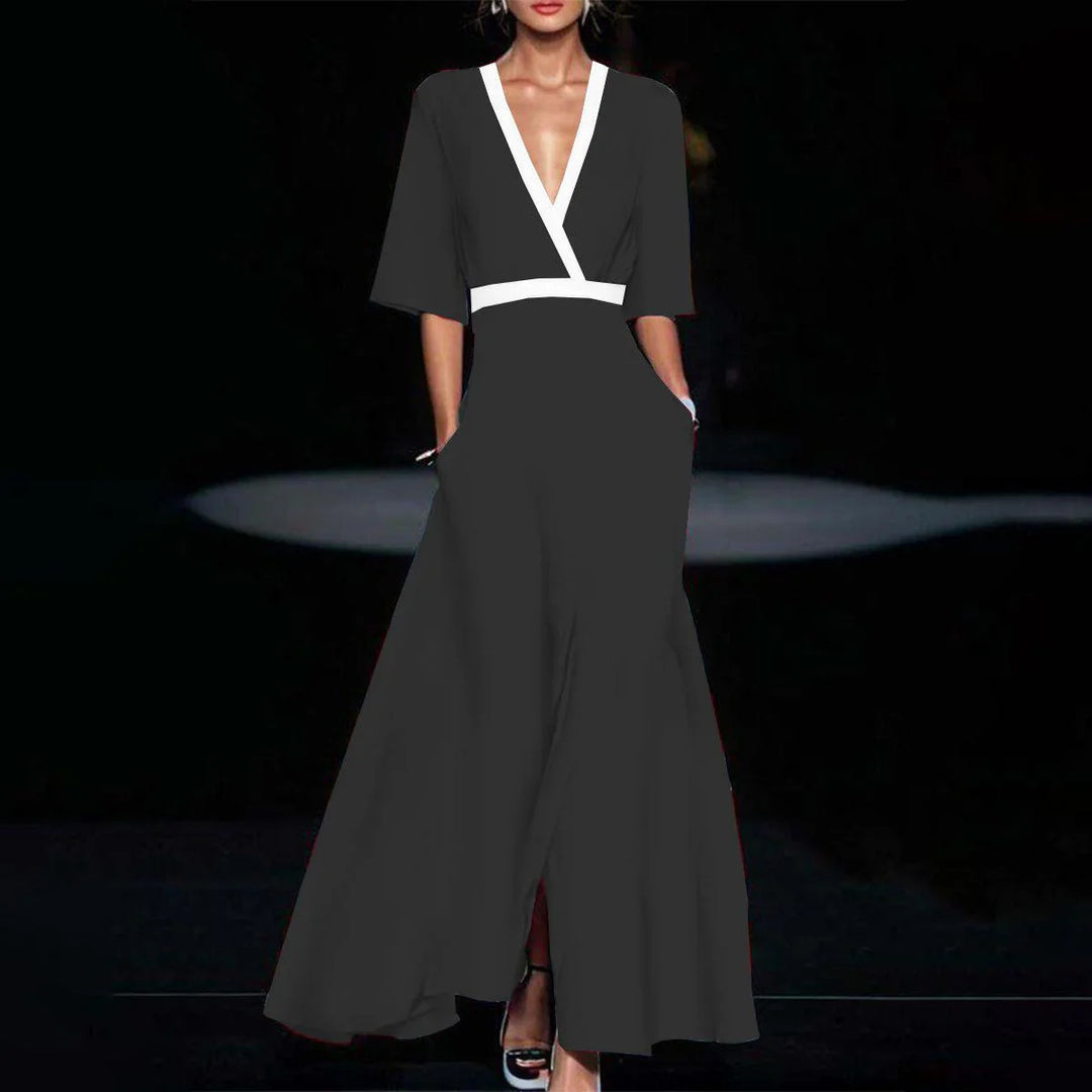 Maxikleid Damen A-Linie mit Blumen – V-Ausschnitt tailliert