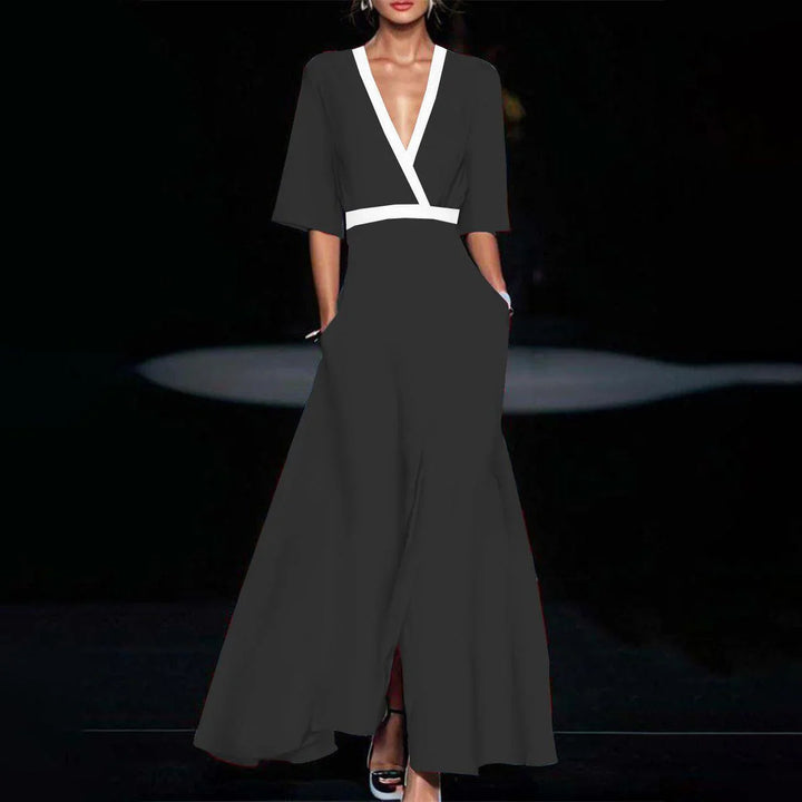Maxikleid Damen A-Linie mit Blumen – V-Ausschnitt tailliert