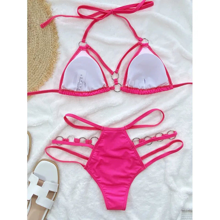 Zweiteiliger Damenbikini mit Trägern – Mesh-Ausschnitte und Metallring