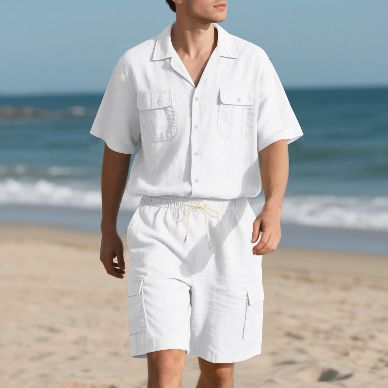 Completo Uomo Lino – Camicia con Colletto &amp; Pantaloncini Cargo Traspiranti