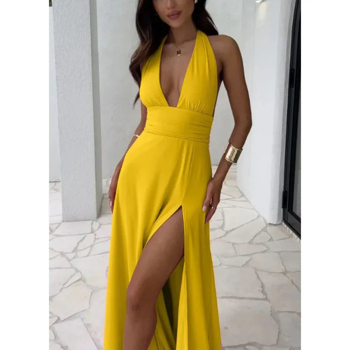 Langes Damenkleid mit Neckholder – Tiefer Ausschnitt, Hohe Taille und Seitenschlitz
