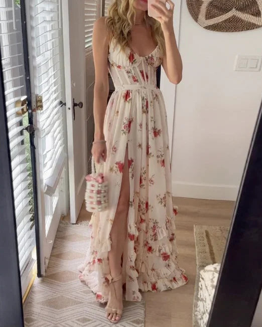 Maxikleid mit Blumenmuster und Schnürung für Damen – Taillierter Schnitt mit Seitenschlitz