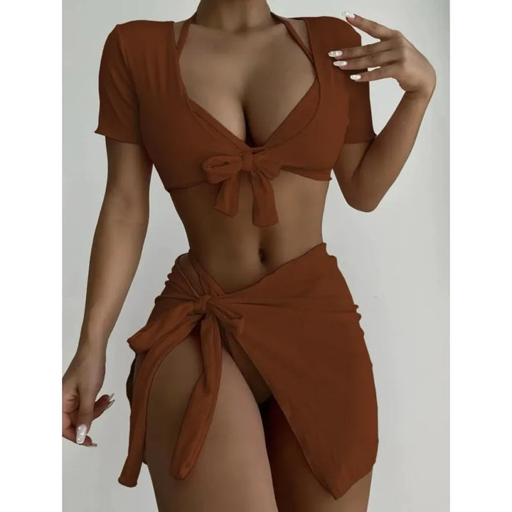 Damen Zweiteiler aus Rippstoff – Gebundenes Crop-Top & Wickelrock im Resort-Stil