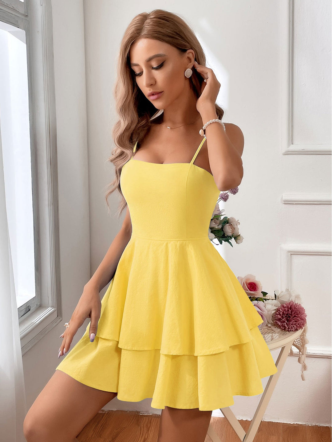 Women's Mini Dress with Tiered Ruffles – Thin Straps and Fitted Bodice