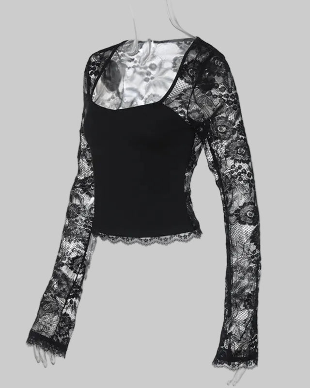 Top Damen Langarm aus Spitze – Figurbetonte Silhouette