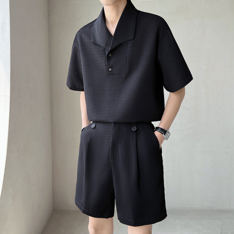 Ensemble Deux Pièces Homme Gaufré – Chemise Col Camp & Short Plissé