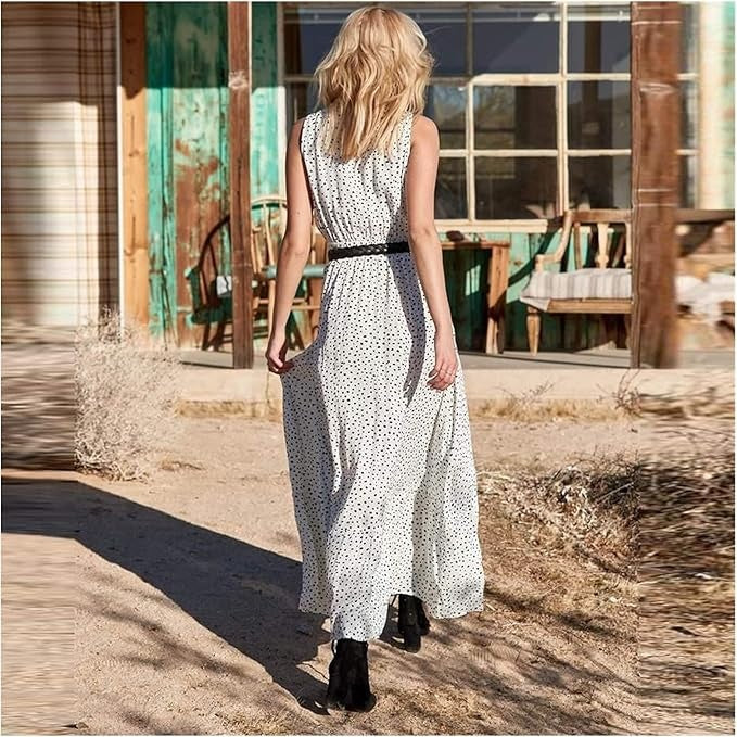 Abito maxi boho donna a pois – collo a V senza maniche