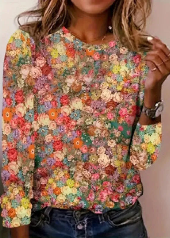 Damenoberteil mit langen Ärmeln aus Strick – Blumenverlaufsmuster, Rundhalsausschnitt