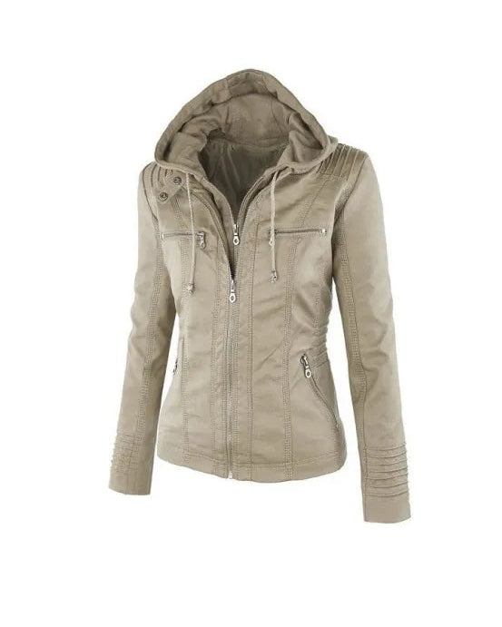 Vegane Motorradjacke für Damen – taillierter Schnitt mit abnehmbarer Kapuze