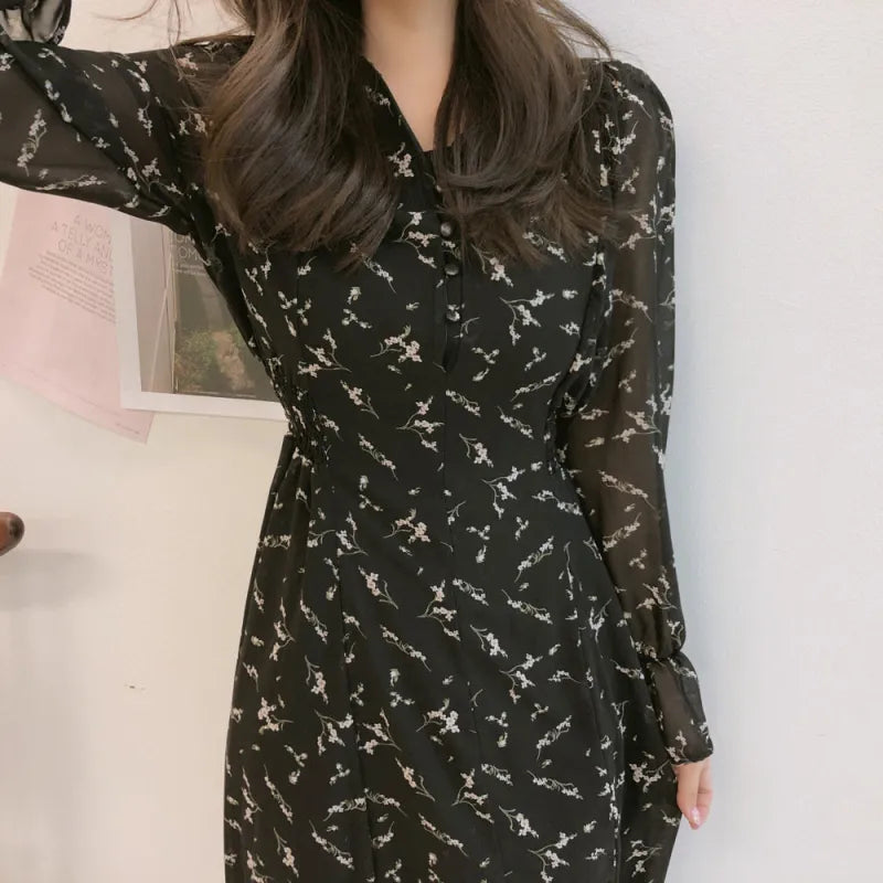 Robe Femme Longue Manches Longues à Fleurs – Col Officier et Boutonnage
