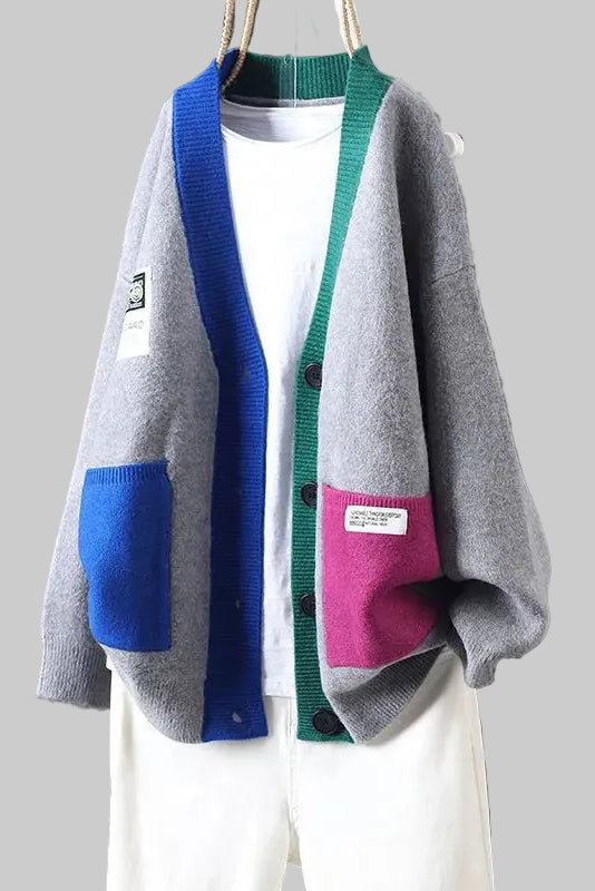 Oversize-Cardigan für Damen mit V-Ausschnitt – legerer Patchwork-Stil mit Knopfleiste