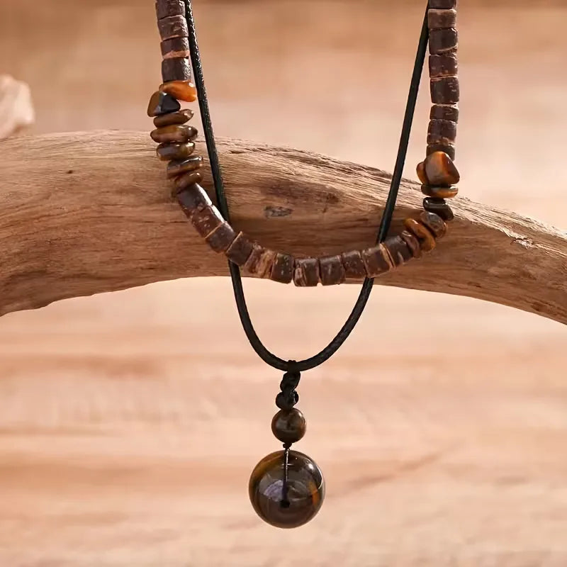 Collier Homme en Perles de Bois avec Pendentif Turquoise – Double Rang